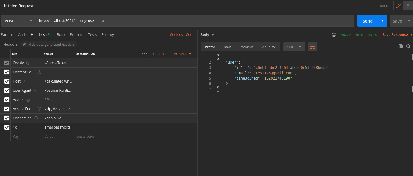 Request to change user data in postman